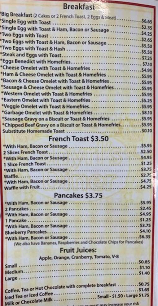 Shyrl's Diner Menu, West Lebanon, NH